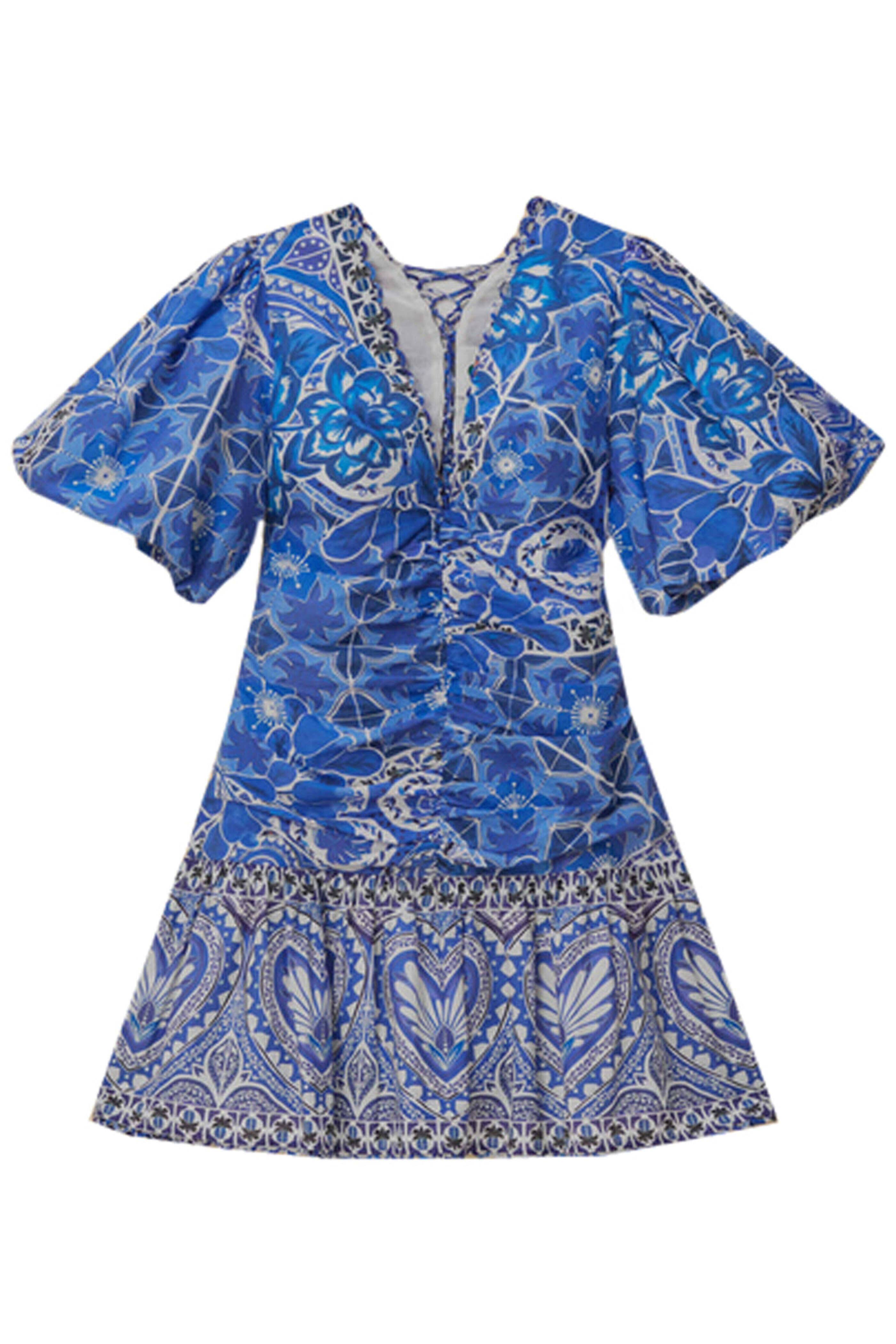 Farm Rio - Blue Tile Print Short Sleeve Mini Dress