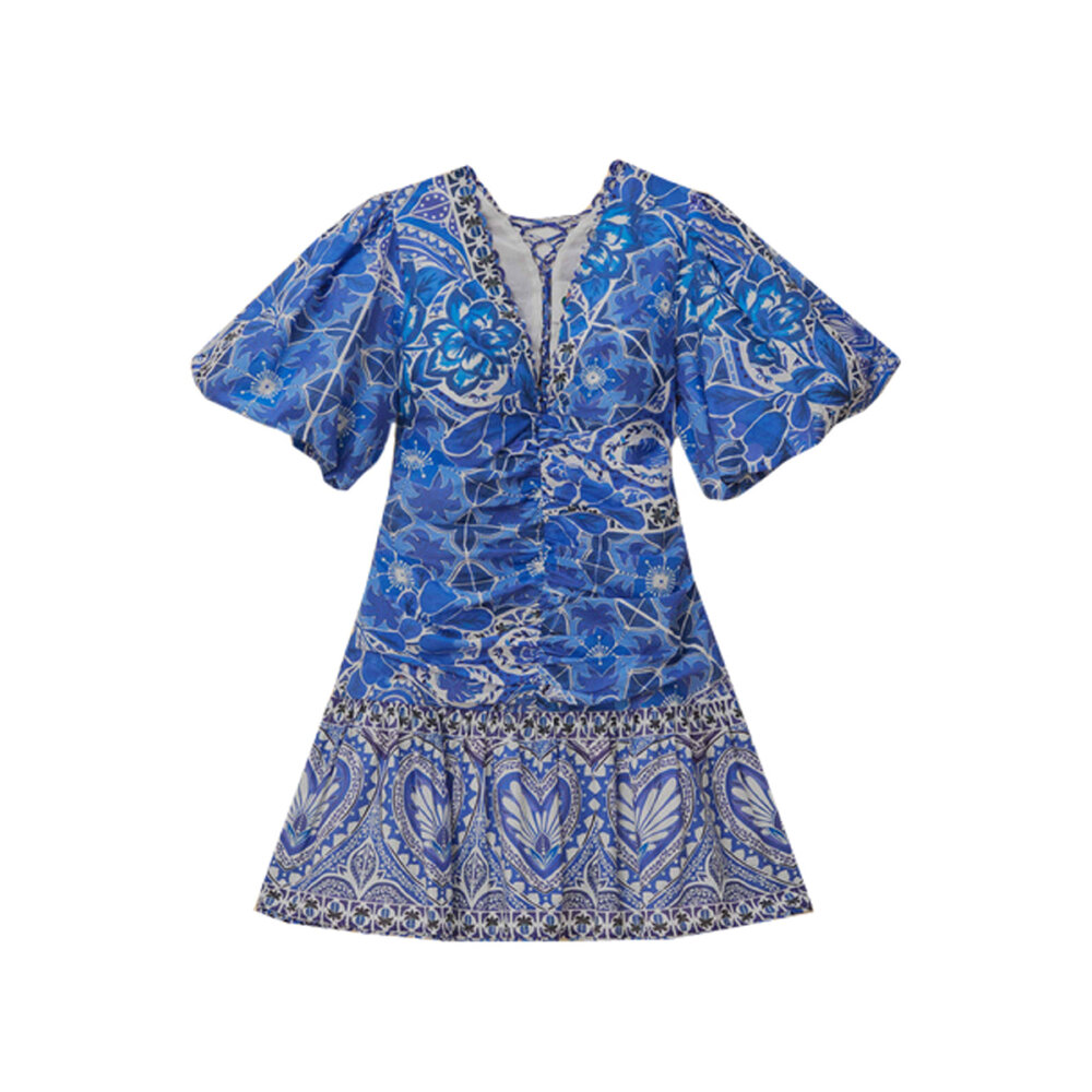 Farm Rio - Blue Tile Print Short Sleeve Mini Dress