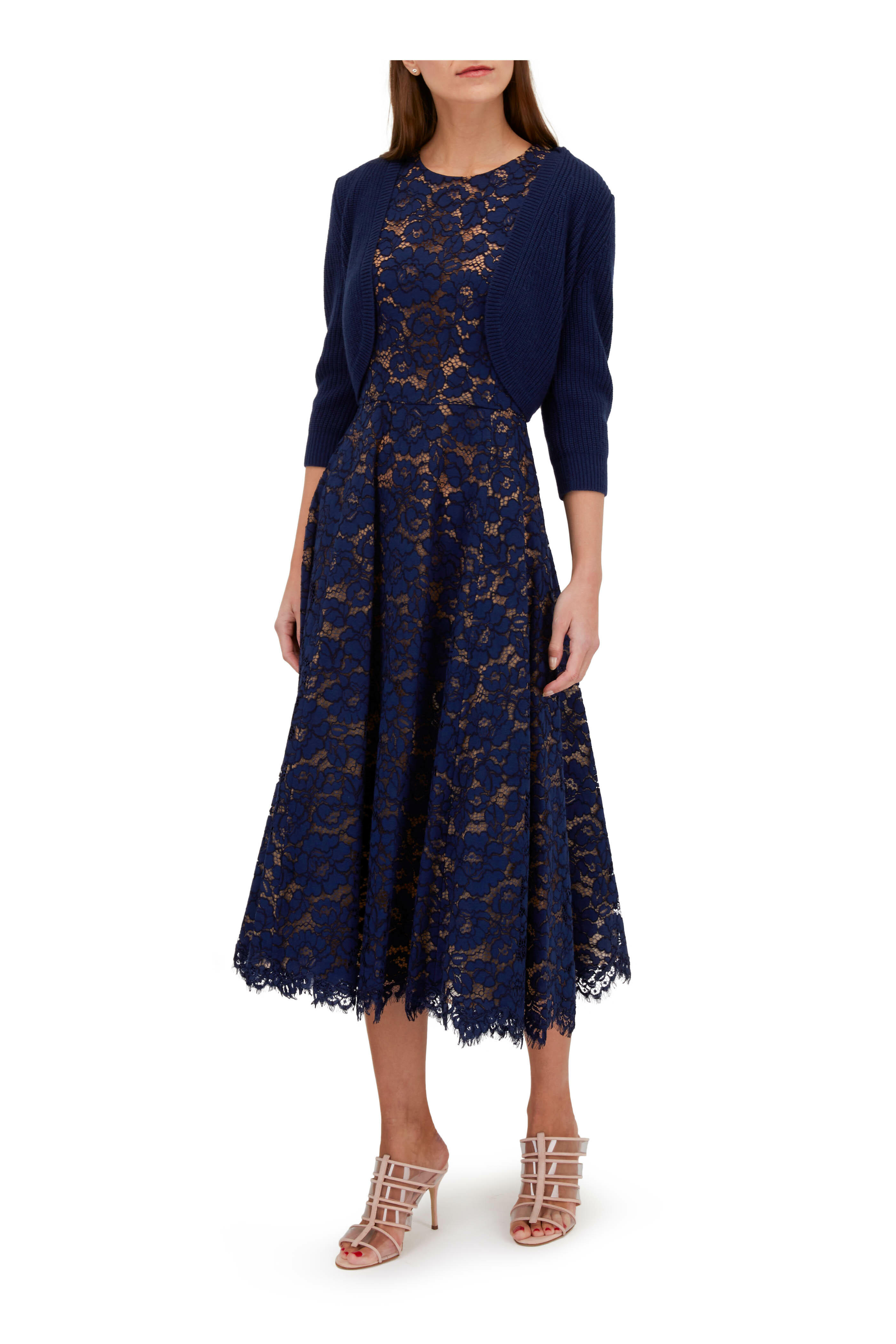 Michael Kors Collection - Navy Floral Lace Sleeveless Midi Dress