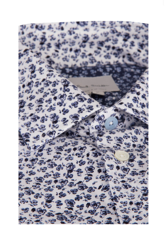 Paul Smith Blue & White Floral Print Cotton Dress Shirt - view 2