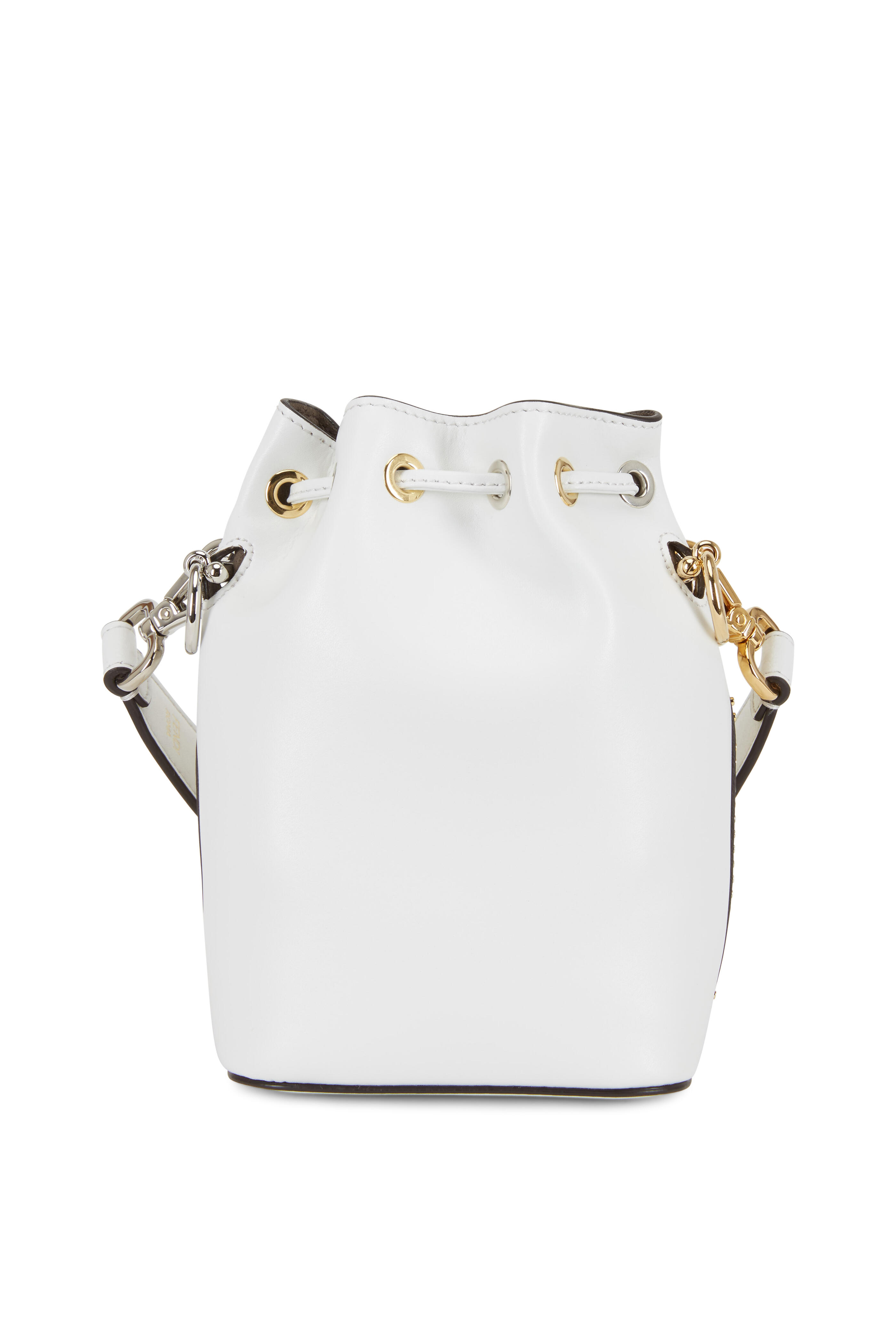 Fendi Mon Tresor Mini Bucket Bag in white leather and white-logo-printed  transparent PVC, featuring gold-tone hardware, bla…