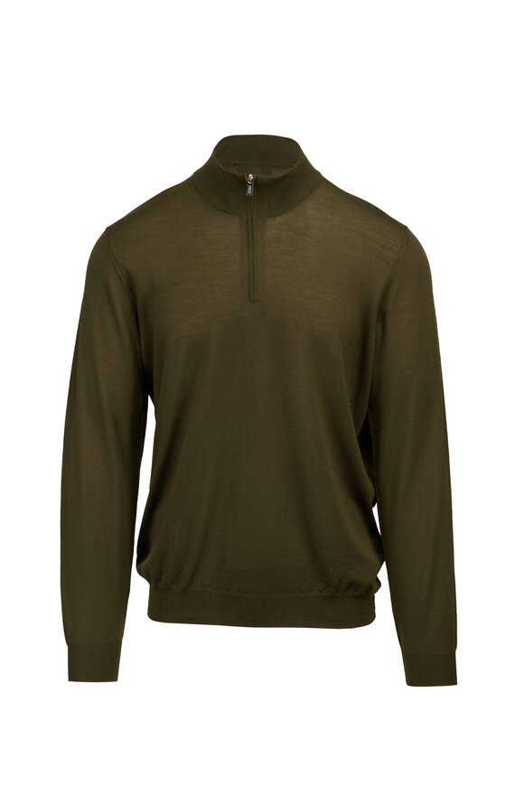 Fedeli Olive 140's Wool Quarter Zip Pullover - view 1