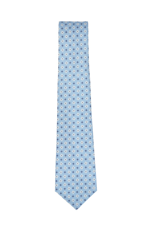 Kiton - Light Blue & White Geometric Silk & Linen Necktie 