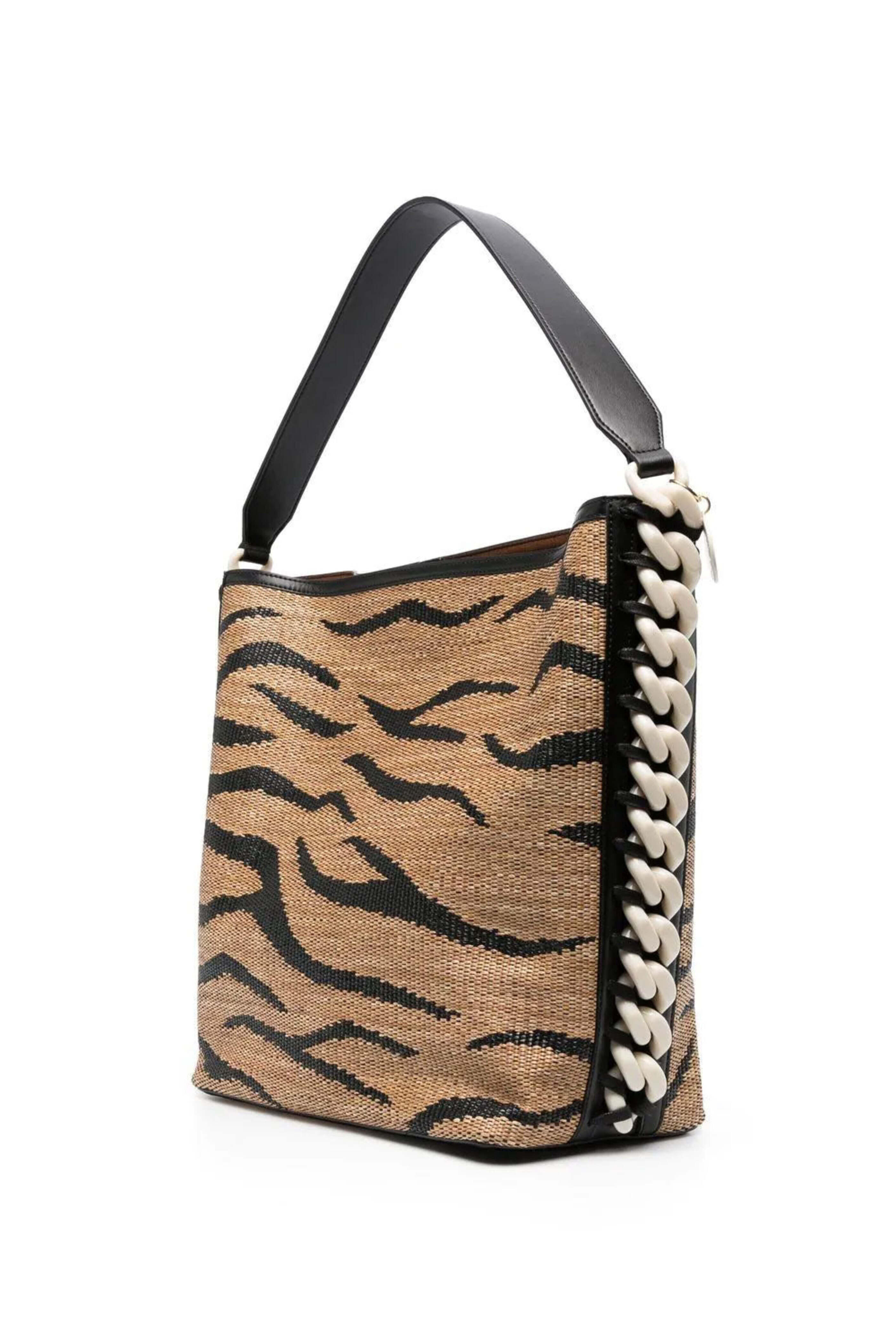 STELLA MCCARTNEY ◆ Frayme Tiger Raffia Bag Stella McCartney Black Vegan Leather Woven Raffia Tiger