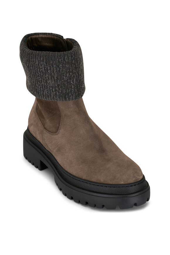 Brunello Cucinelli Torba Brown Suede Chelsea Monili Boot 