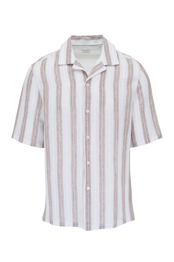 Brunello Cucinelli White & Brown Striped Short Sleeve Camp Shirt