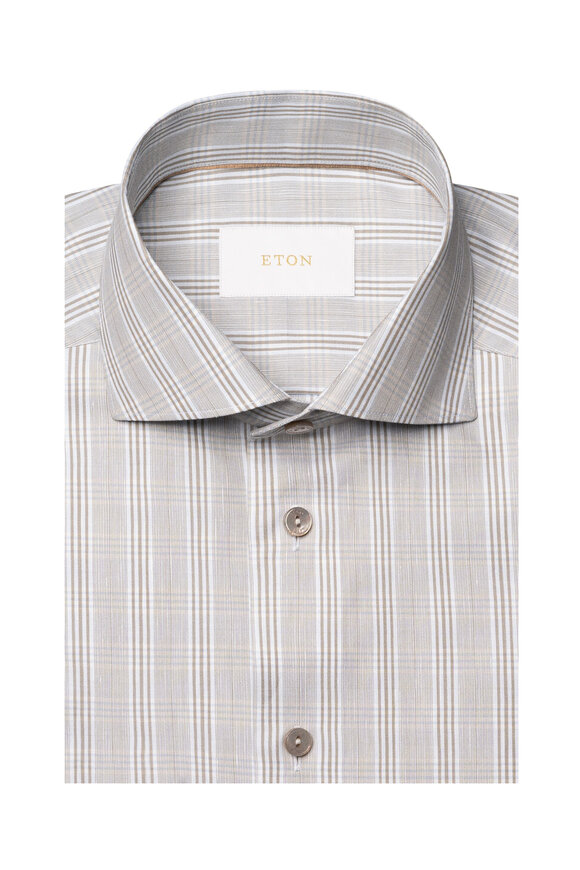 Eton Brown Check Cotton & Linen Dress Shirt - view 7