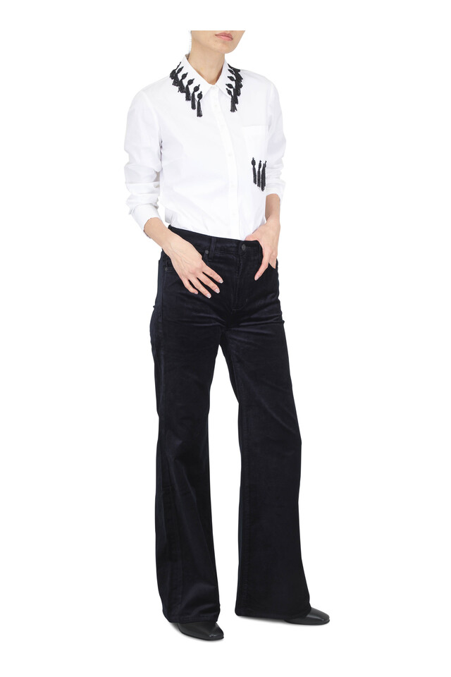 Designer outfit featuring Stassi Black Leather Short Boot and White Tassel Embroidered Cotton Poplin Shirt