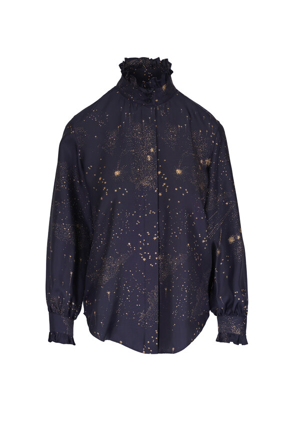 Lafayette 148 New York Ink Cosmos Print Silk Twill Ruffle Blouse
