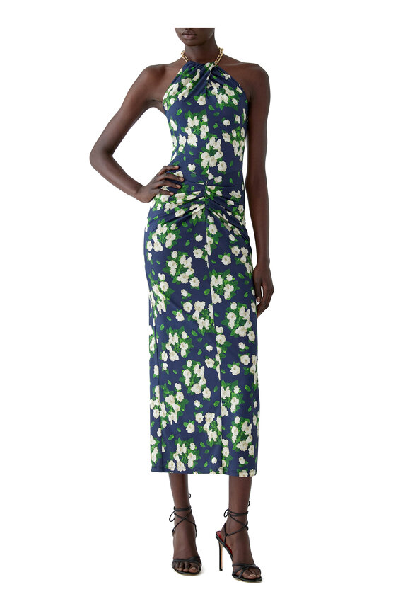 Carolina Herrera Midnight Multi Halter Neck Draped Midi Dress - view 2