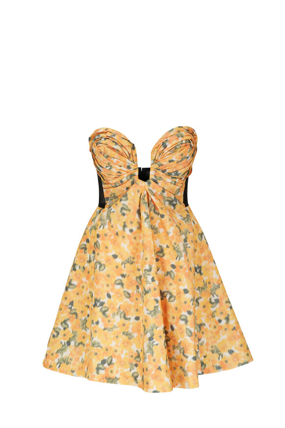 Carolina Herrera - Yellow Floral Taffeta Strapless Mini Dress 