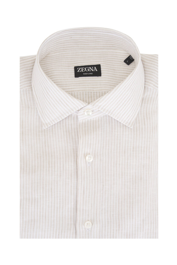 Zegna Oasi Lino White & Biege Stripe Sport Shirt
