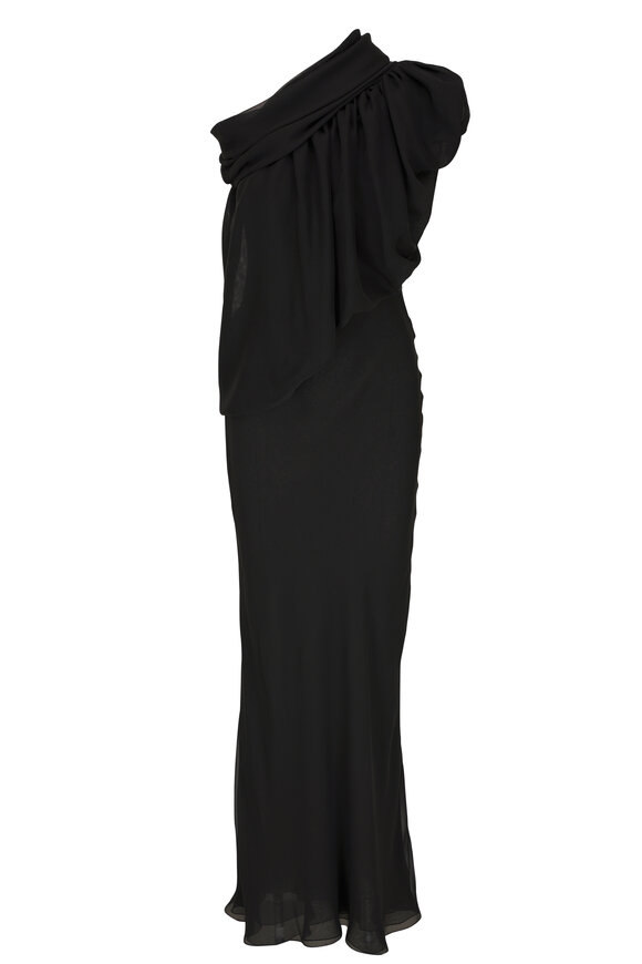 Saint Laurent Black Draped One-Shoulder Silk Muslin Gown 