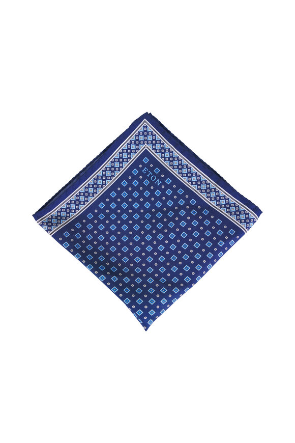 Eton Dark Blue Medallion Floral Silk Pocket Square