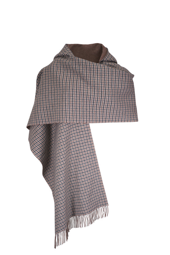Brunello Cucinelli Brown Check Cashmere Hooded Scarf - view 1