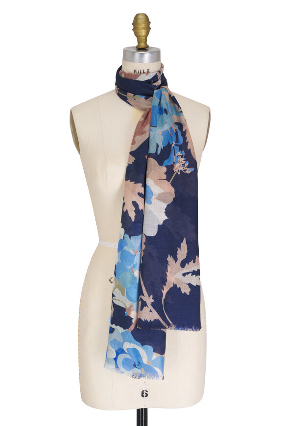 Kinross Navy Moody Blooms Print Silk & Cashmere Scarf 