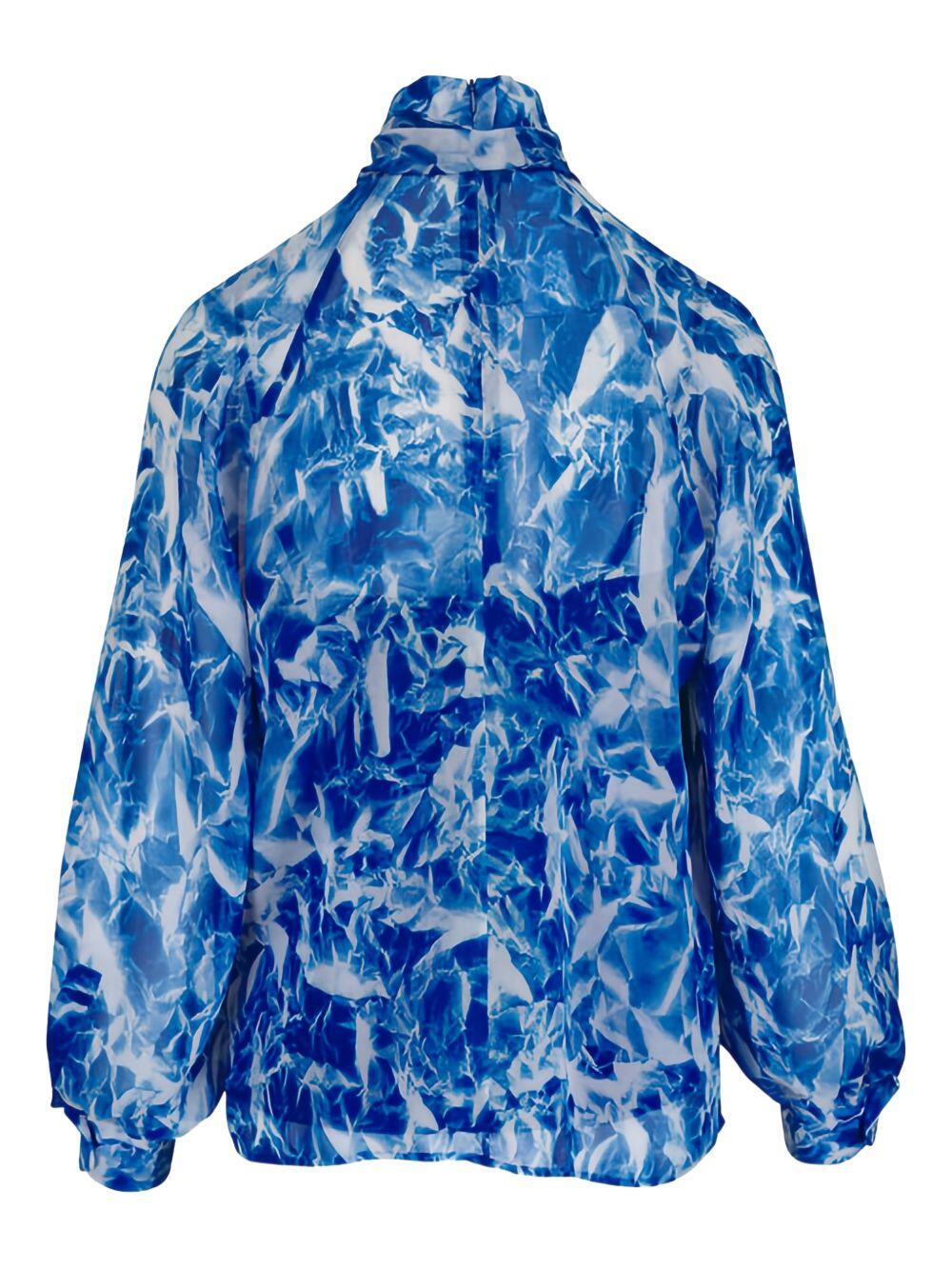 Akris - Twilight Blue Whitecaps Print Tie Neck Bow Blouse