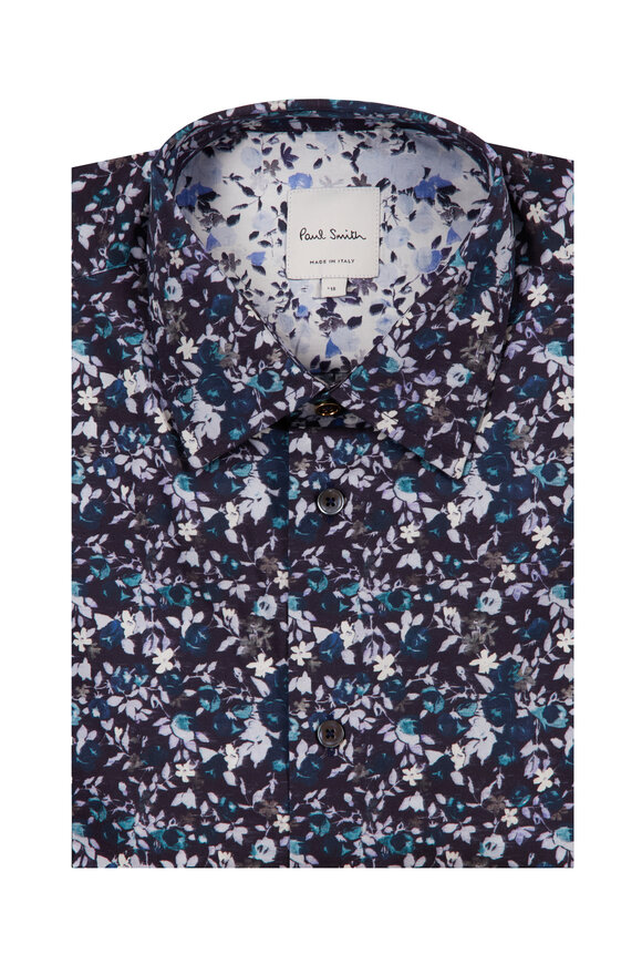 Paul Smith Navy Blue Floral Print Cotton Dress Shirt - view 1