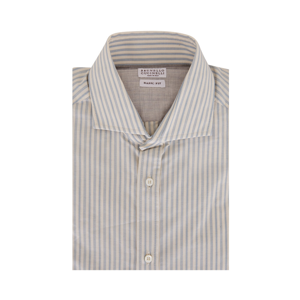 BRUNELLO CUCINELLI リネンジャージーシャツ　ネイビー×ホワイト Brunello Cucinelli - White & Brown Wide Stripe Cotton Sport