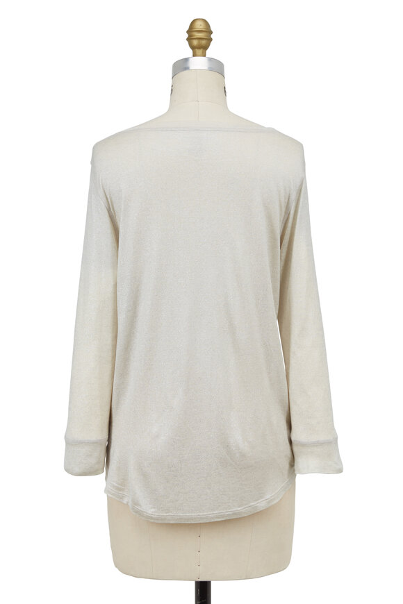 Majestic - Silver Metallic Silk Knit Split Neck Top 