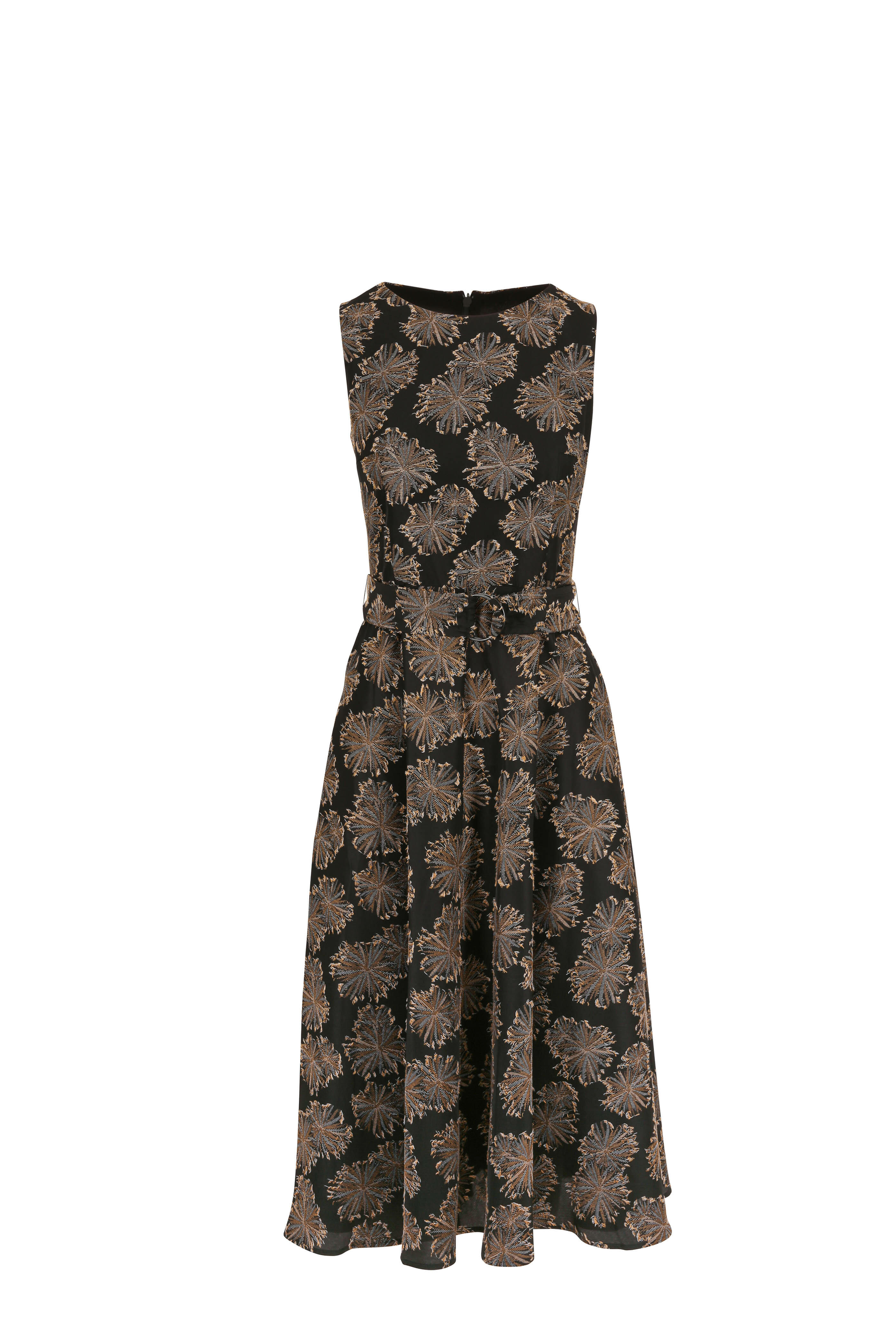 Akris Punto - Black & Gold Jacquard Belted Sleeveless Dress