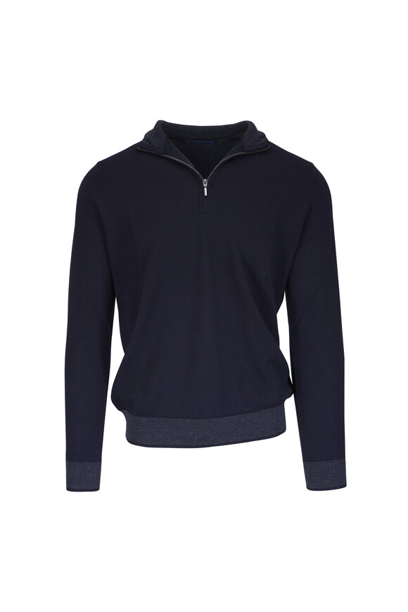 Patrick Assaraf Dark Navy Merino Wool Quarter Zip Pullover