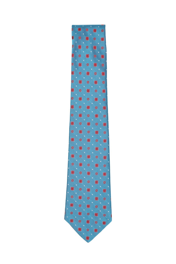 Kiton - Teal & Red Square Print Silk Necktie 
