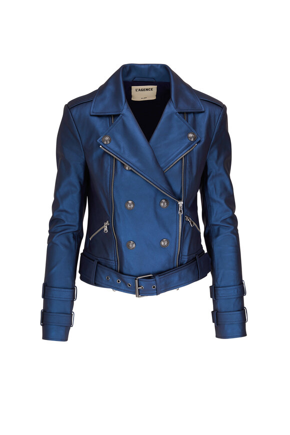 L'Agence - Billie Metallic Blue Belted Leather Jacket