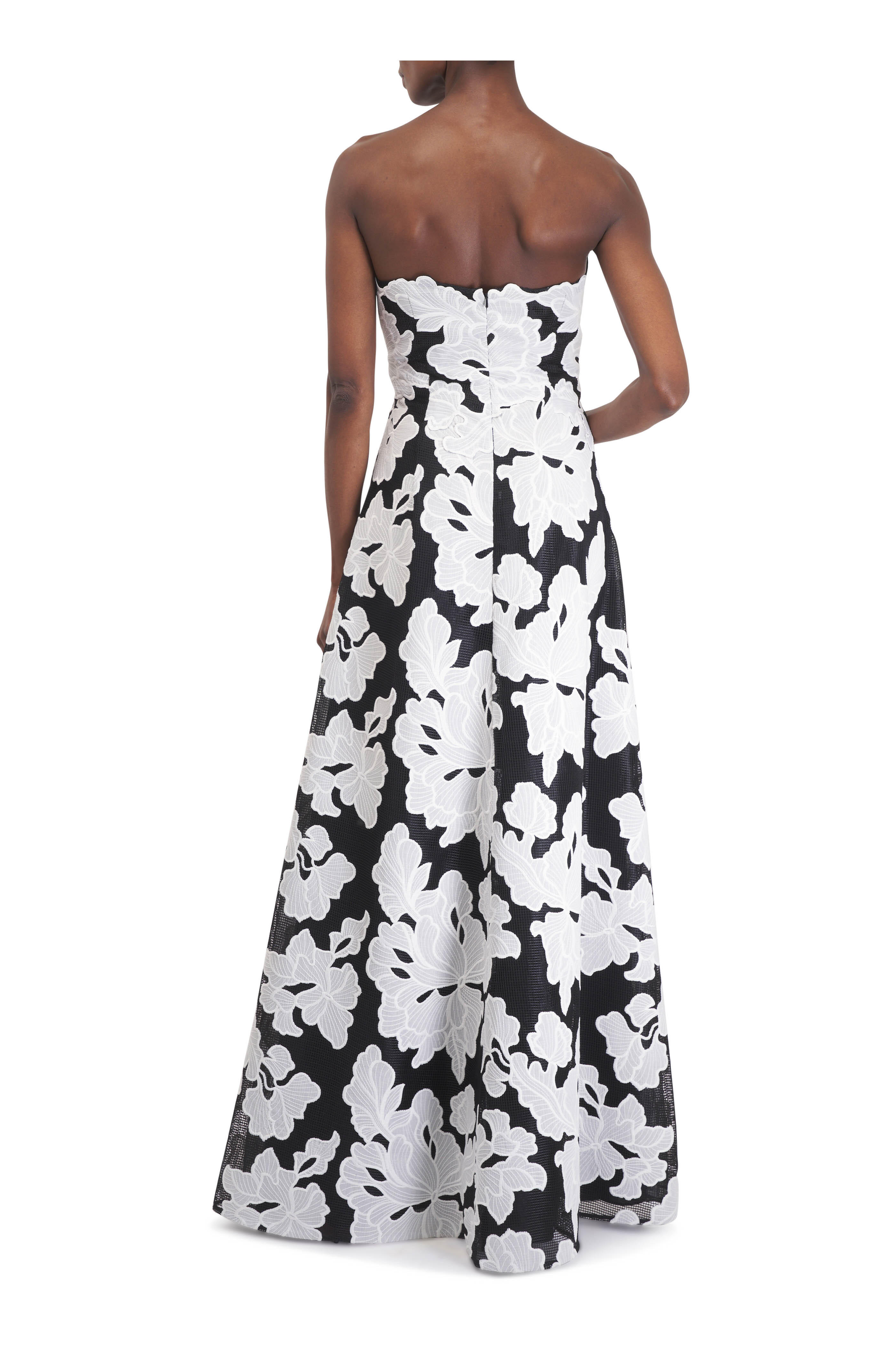 Lela Rose - Ivory & Black Floral Strapless Gown
