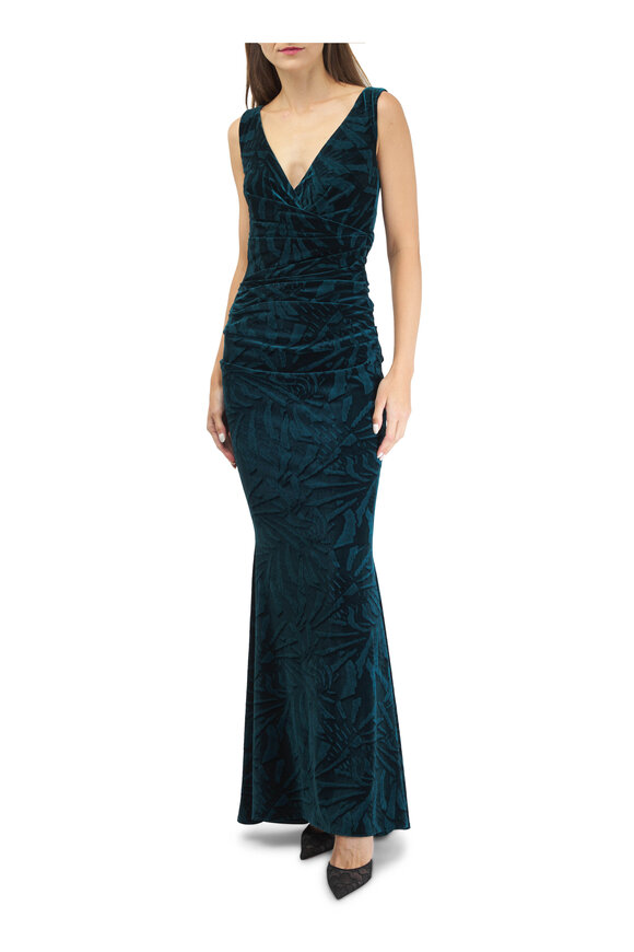 Talbot Runhof - Cypress Palm Leaf Velvet Evening Gown