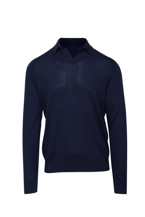Colombo Dark Blue Cashmere Johnny Collar Sweater