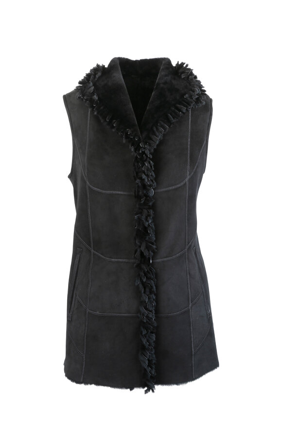 Viktoria Stass - Black Merino Shearling Reversible Fringed Vest 