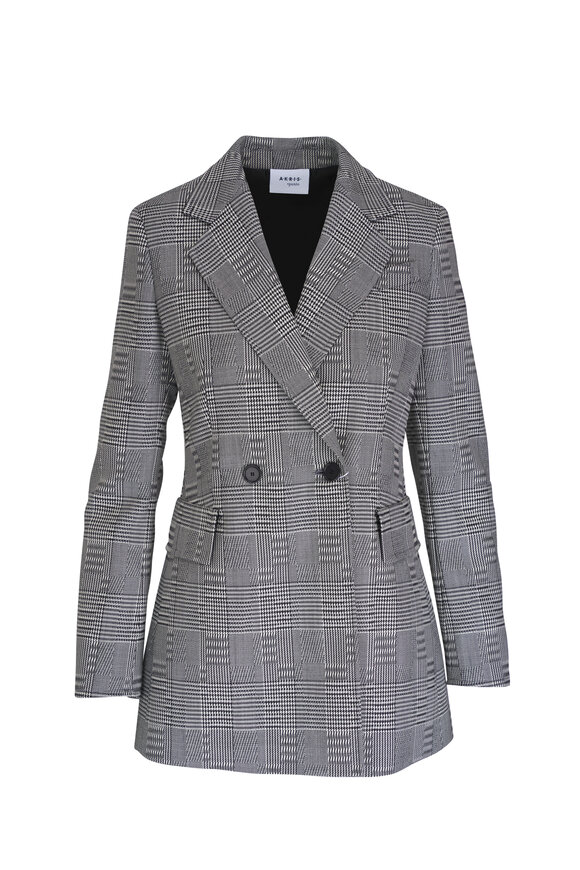 Akris Punto Black & Cream Plaid Long Wool Blazer 