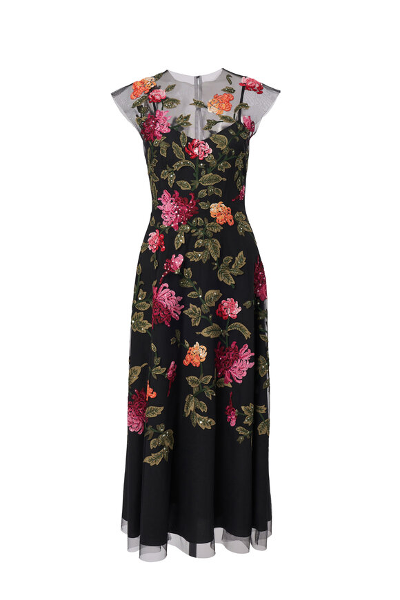 Carolina Herrera Black Multi Floral Embroidered Tulle Midi Dress - view 6