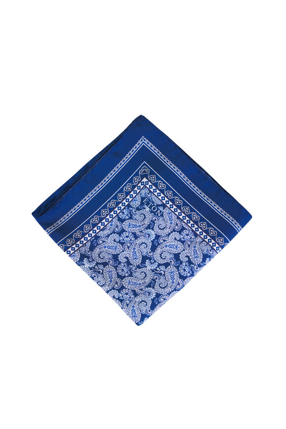 Eton Dark Blue Paisley Silk Twill Pocket Square - view 1