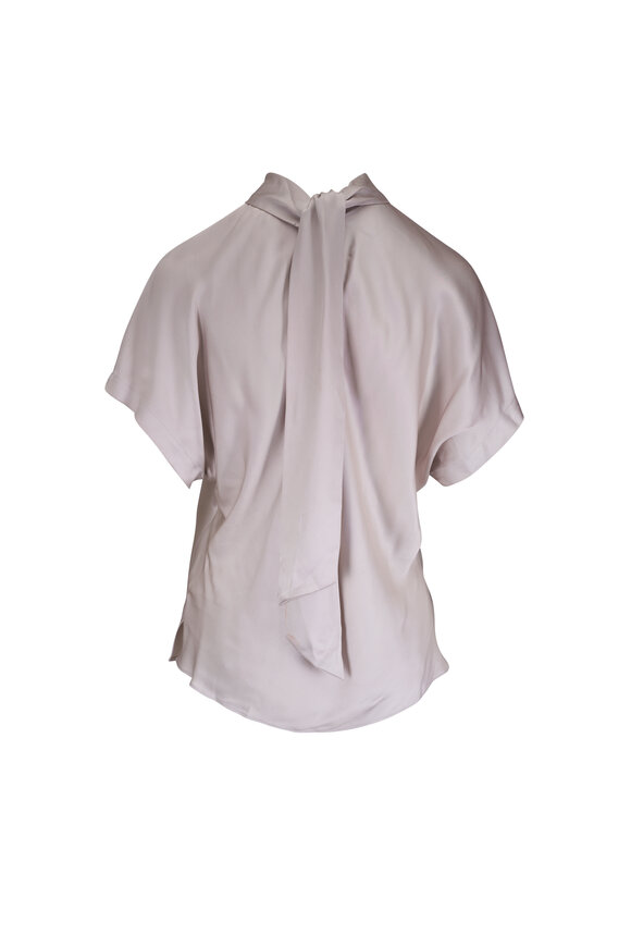 Brunello Cucinelli Pearl Gray Silk Draped Neck Blouse - view 4