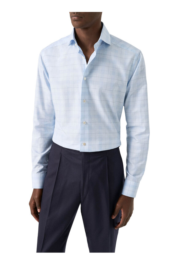 Eton Light Blue Plaid Cotton & Linen Dress Shirt - view 2