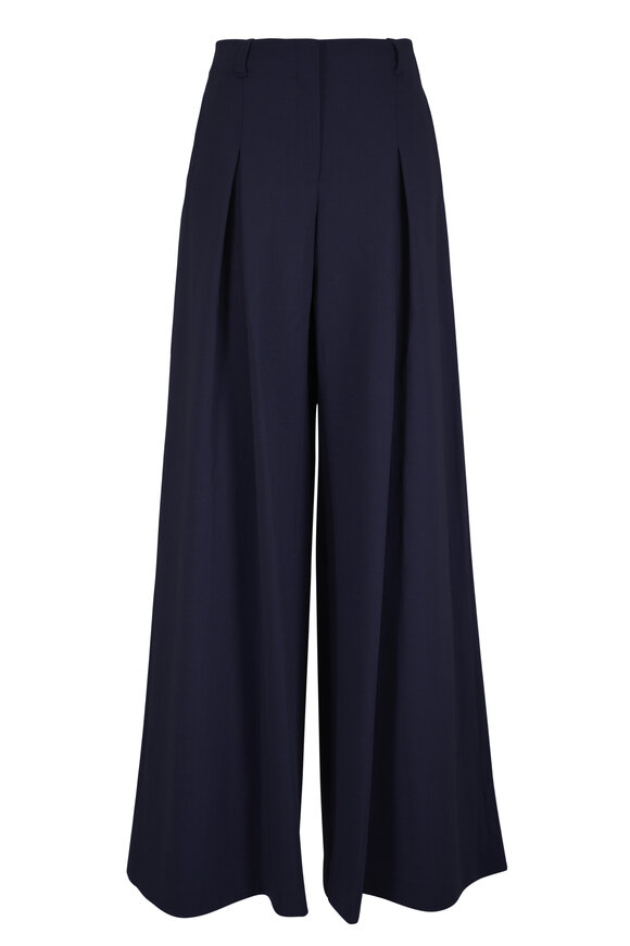 Lafayette 148 New York Warren Blue Ink Stretch Wool Pleated Wide Leg Pant