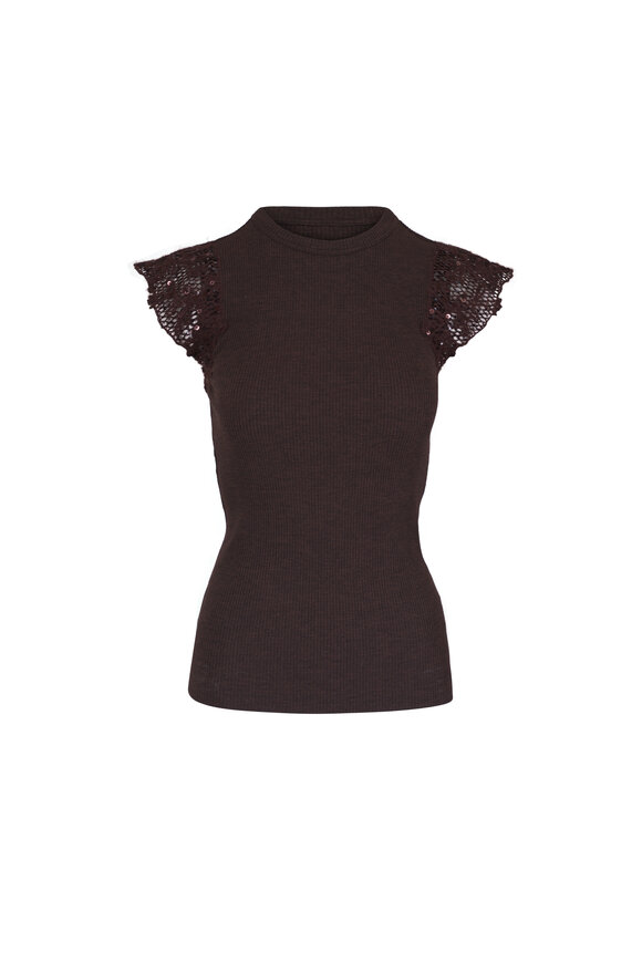 Brunello Cucinelli Coffee Lace Cap Sleeve Shirt - view 1