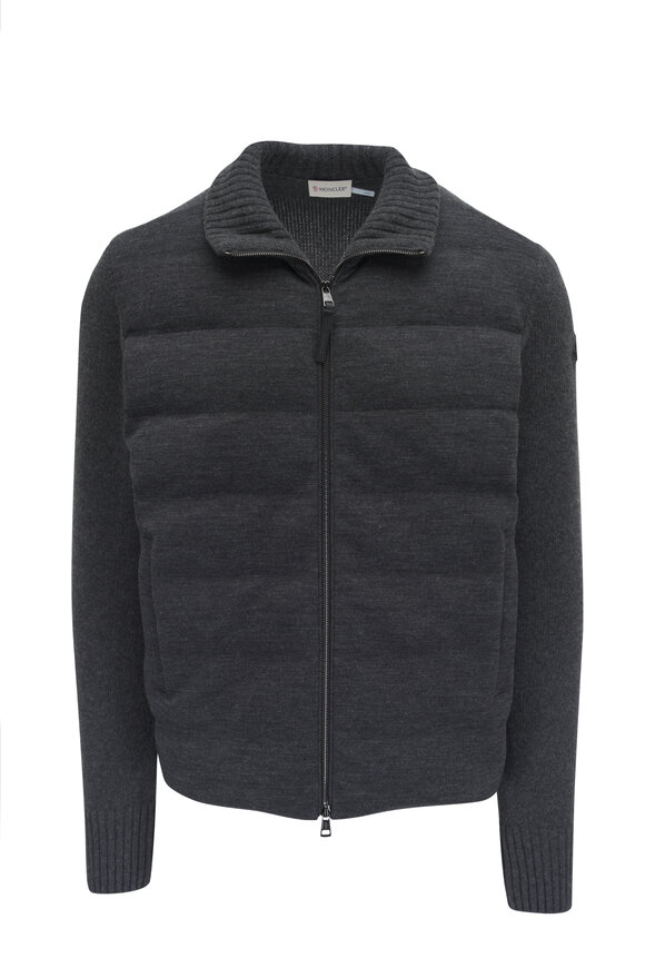 Moncler Charcoal Gray Mixed Media Quilted Down Cardigan