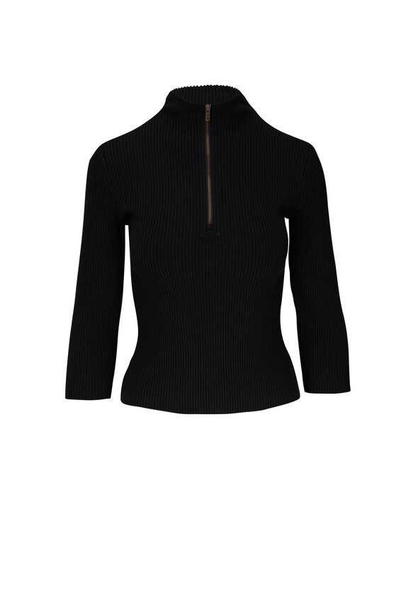 Vince - Black Ribbed Knit Quarter Zip Top 