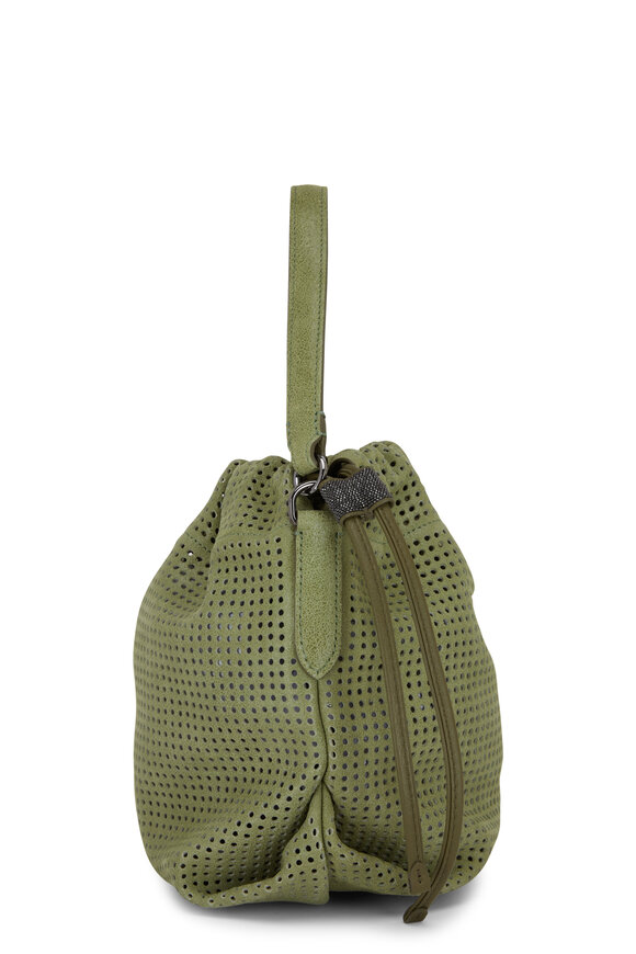 Brunello Cucinelli - Bamboo Perforated Suede Bucket Bag