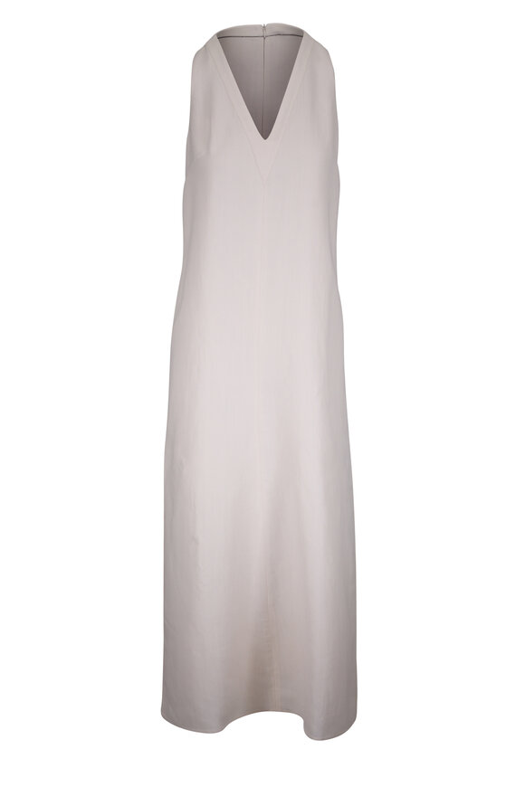 Brunello Cucinelli Cream Linen Twill Fluid V-Neck Dress