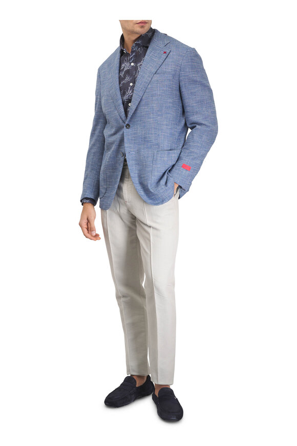 Isaia Navy Blue Coral Printed Sport Shirt - view 2