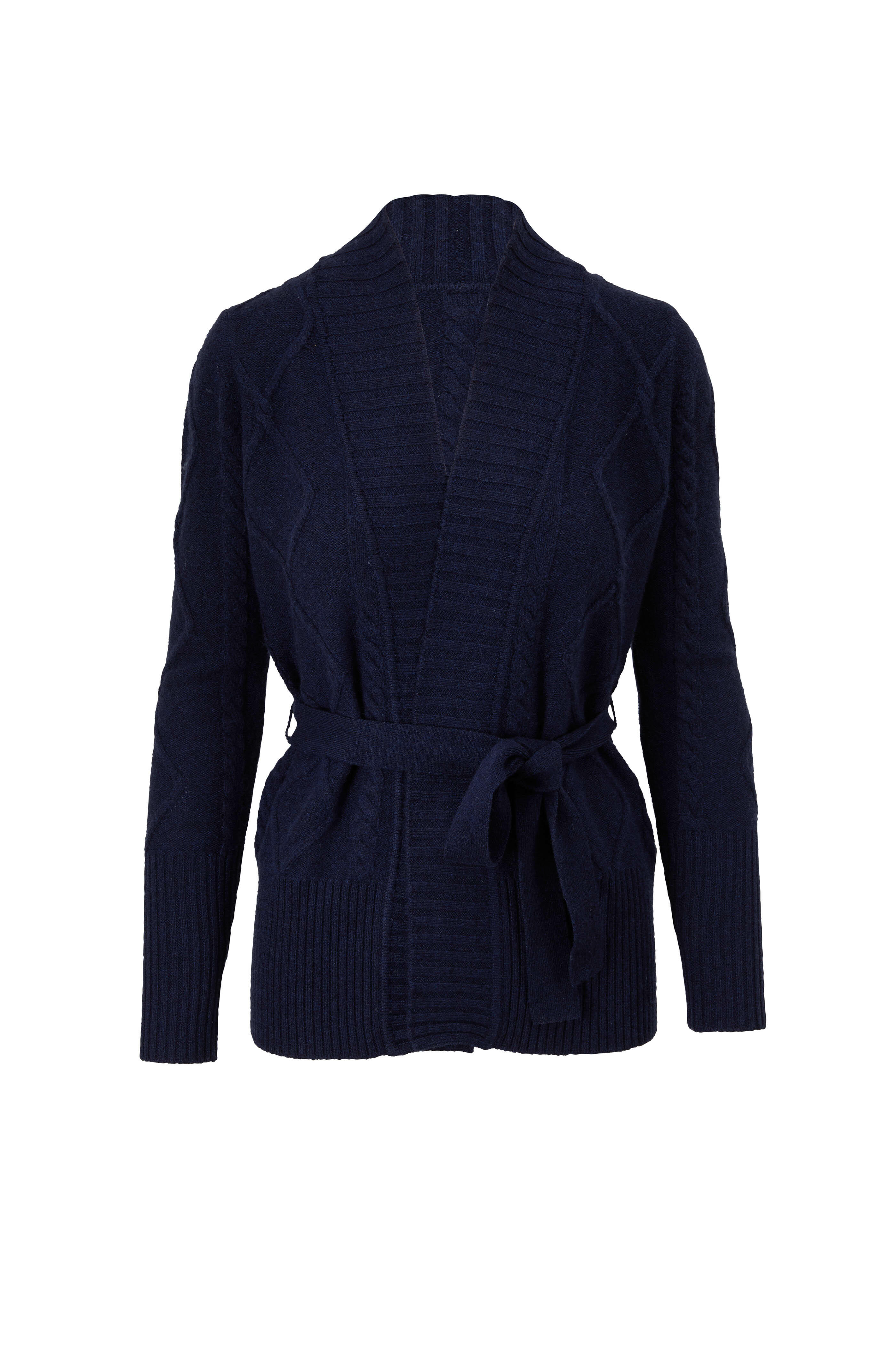 Kinross - Navy Cashmere Belted Luxe Cable Knit Cardigan