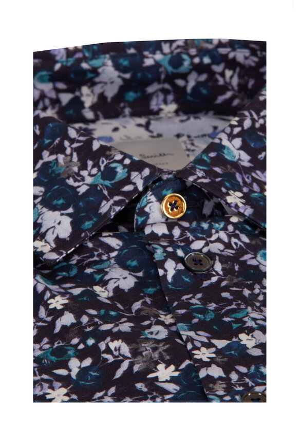 Paul Smith Navy Blue Floral Print Cotton Dress Shirt - view 2