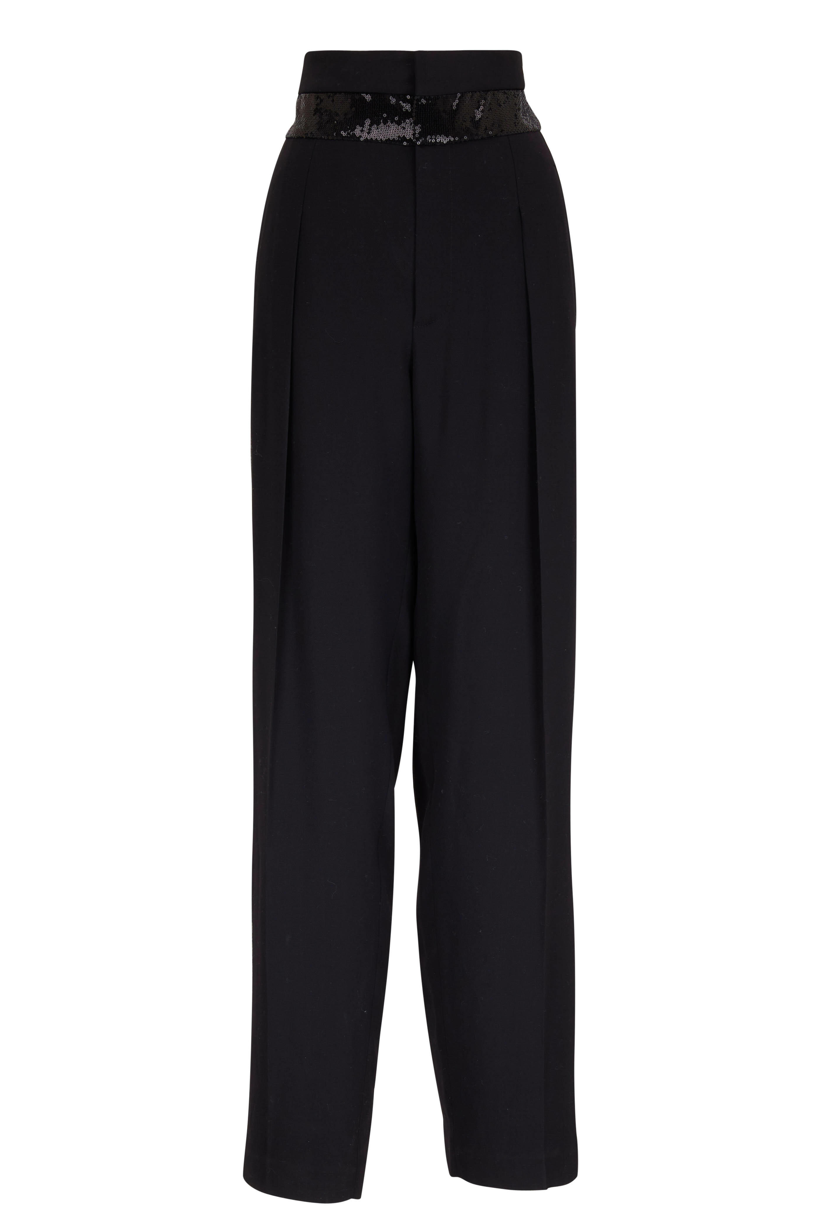 Brunello Cucinelli - Black High-Waisted Sequin Pleated Tuxedo Pant