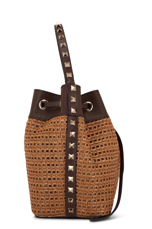 Valentino Garavani - Brown Raffia & Leather Rockstud Bucket Bag 