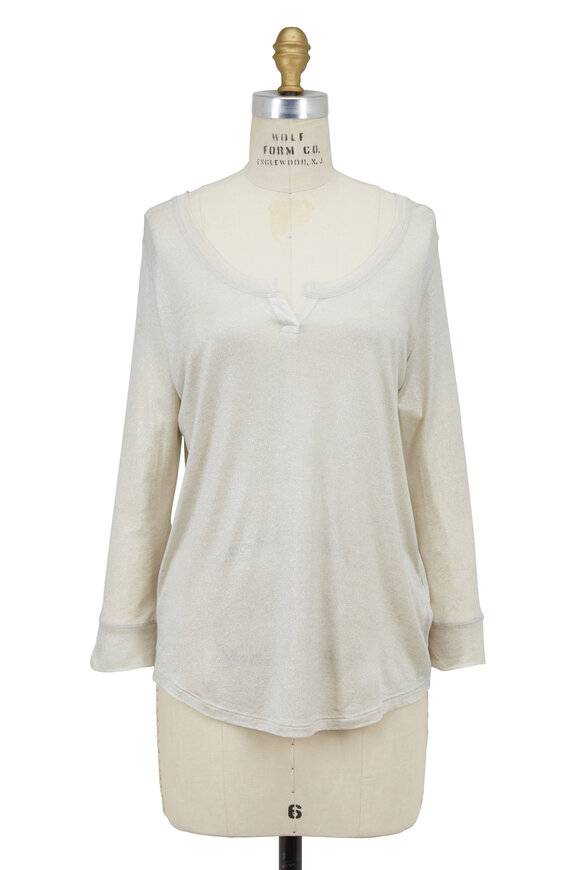 Majestic - Silver Metallic Silk Knit Split Neck Top 