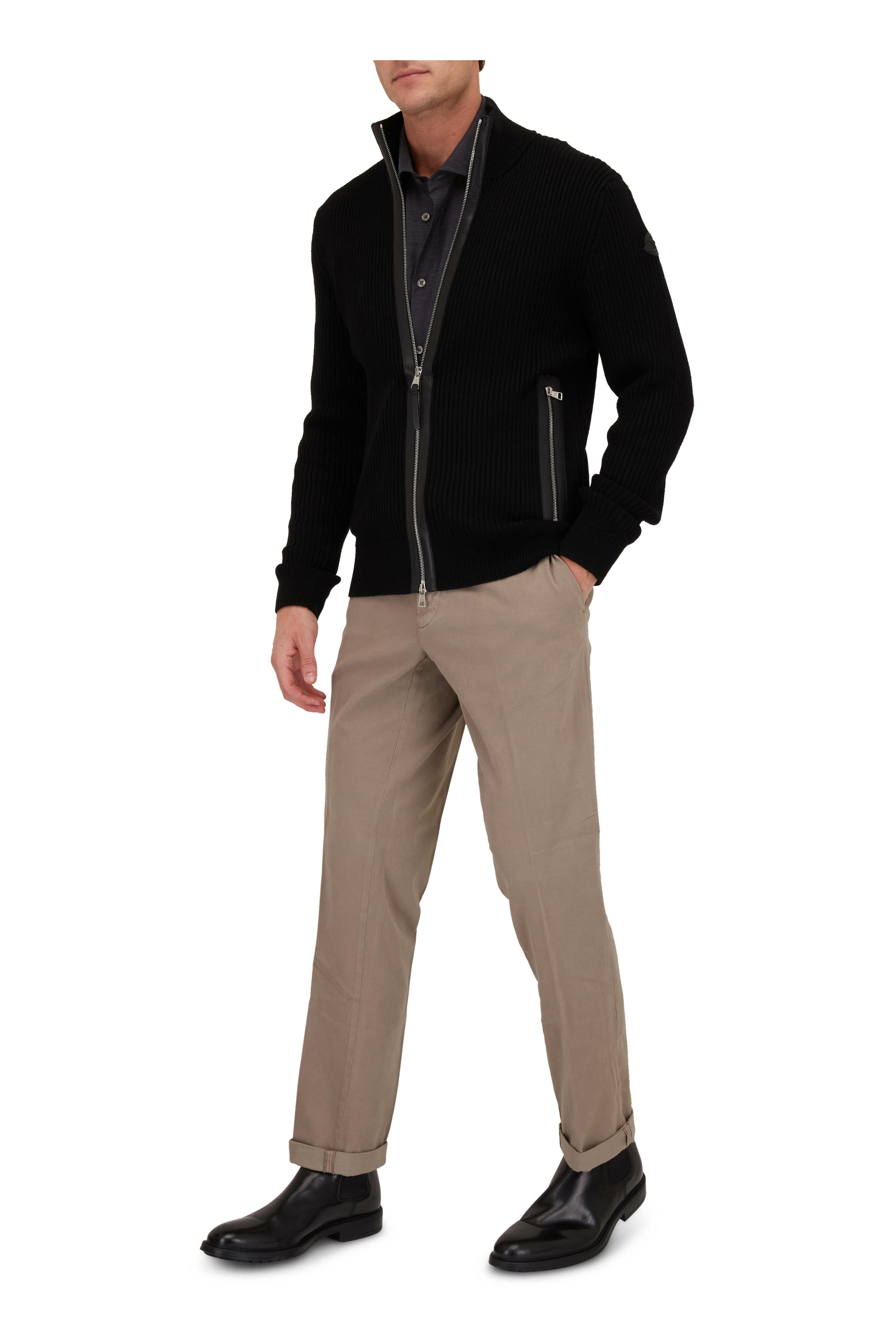 Moncler - Black Ribbed Wool & Leather Trim Zip Sweater